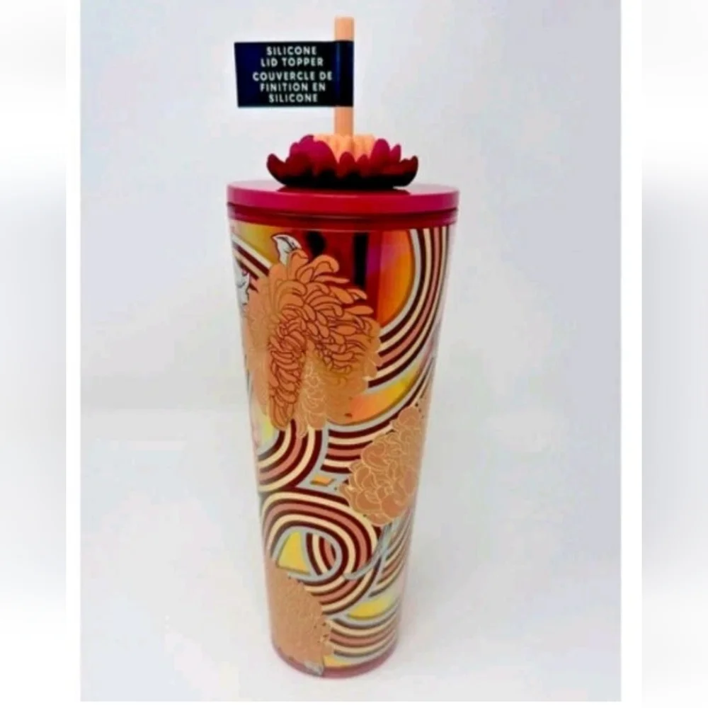 Starbucks 2024 Plastic Tumbler 24 Oz Purple Dome Lid Metallic Floral